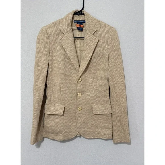 Ralph Lauren Tan Herringbone Blazer Women's Size 2 Cotton/Silk Blend Equestrian - Picture 1 of 7